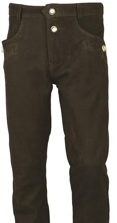 Fuente Bayerische Lederhose Herren Tracht lang- Damen Trachtenlederhose lang aus hochwertiges Echt Leder Nubuk Leder, Braun