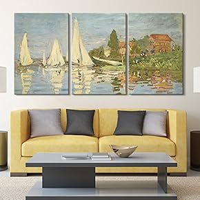3 Panel Canvas Wall Art - Regattas at Argenteuil by Claude Monet - Giclee Print Gallery Wrap Modern Home Art Ready to Hang - 16"x24" x 3 Panels