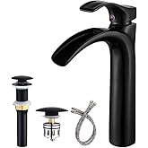 Yodel Faucet Matte Black Bathroom Vessel Sink Faucet Waterfall Tall Single Hole with Metal Anti-Clogging Hair Catcher Pop Up Drain Lavatory Vanity Faucets