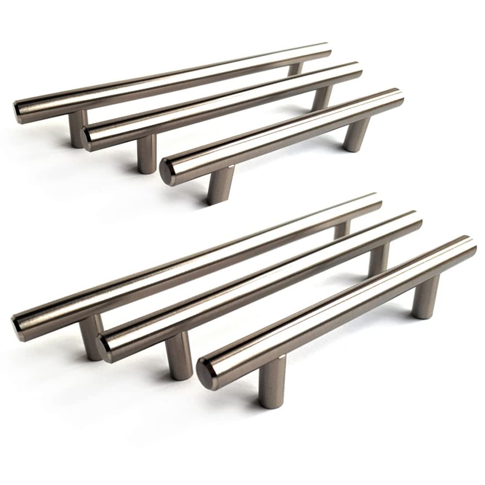 Set of 6 T Bar kitchen cabinet handles, Boss Bar Bow Handles 96mm, 128mm, 160mm. Brushed Satin Nickel finish. Handles for kitchen cabinet & wardrobes by fff. (96mm between fixings)