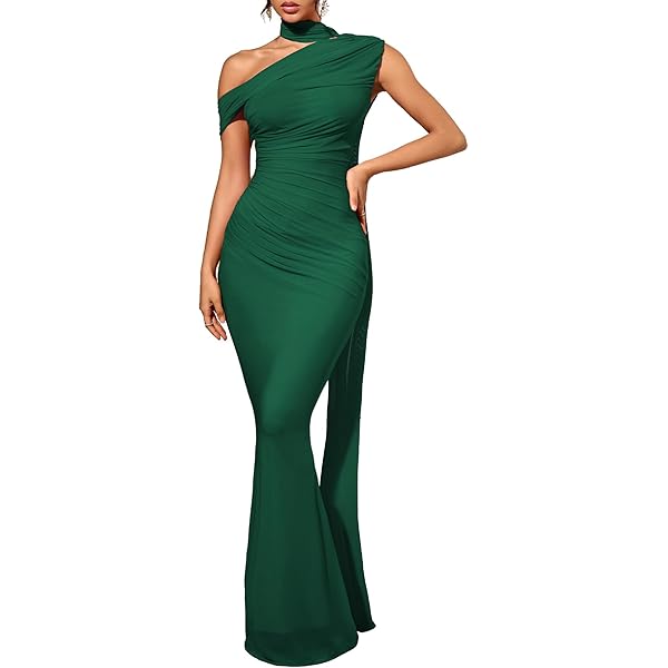 Amazon.com: ELYANDAS Emerald Green One-Shoulder Velvet Gown with High Slit  and Ruched Detail | Customizable | Personalized Clothing