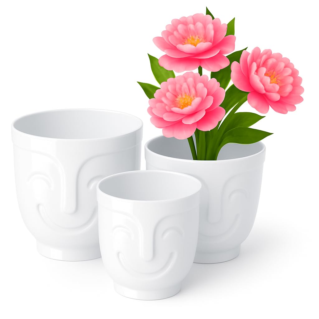 Home Garden Ornaments Plant Pots Indoor – Set of 3 Plastic Decorative Pots 14/16/18 cm, Smiling Face Pattern (White)