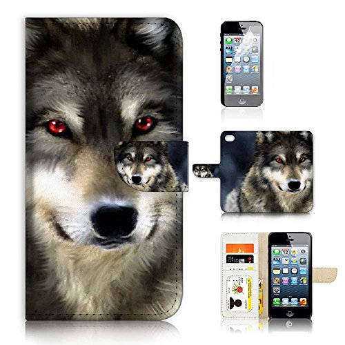 ( For iPhone 8 Plus / iPhone 7 Plus ) Flip Wallet Case Cover & Screen Protector Bundle - A21376 Red Eye Wolf