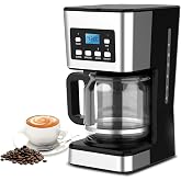 KkAscX 12-Cup Programmable Coffee Maker, Regular &amp; Strong Brew Drip Coffee Machine for Home and Office, Glass Carafe, Pause &amp; Serve, Auto Shut Off, Gray &amp; Stainless Steel (Black)
