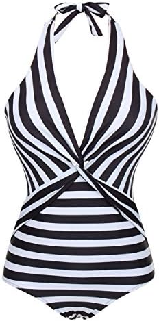 Vilover Retro One Piece Backless Swimsuit High Waisted Pin up Swimwear