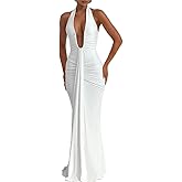 Women's Sexy Deep V-Neck Maxi Dress Sleeveless Halter Ruched Bodycon Formal Cocktail Party Evening Dresses