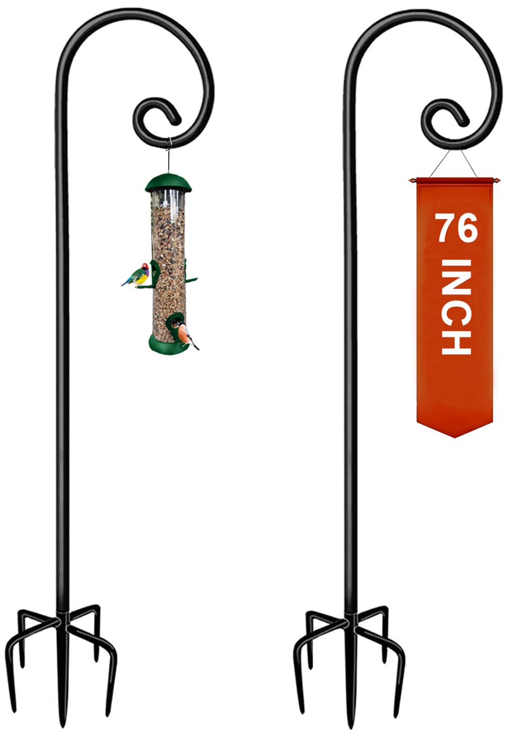 Koutemie 76 Inch Outdoor Shepherd Hook for Hanging Plant, Adjustable Heavy Duty Bird Feeder Pole with 5 Prong Base for Solar Lanterns, Black & 2 Packs Image