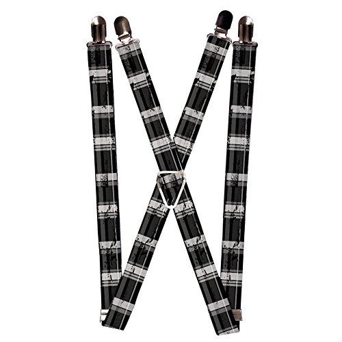 Black White Grey Large and Wide Plaid Pattern Suspenders
