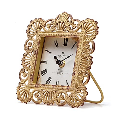 NIKKY HOME Vintage Table Clock, Shabby Chic Decorative Pewter Desk Clock Battery Operated for Living Room Bathroom Shelf, Yellow