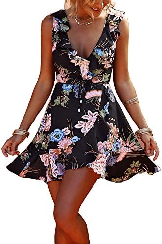 Vaniglia Women Floral Print Sleeve Sexy Deep V-Neck Tunic Top Casual Mini Dress