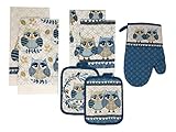 Mainstay Owl 7 Piece Kitchen Towels, Pot Holders, Oven Mitt, and Dish Cloths Set