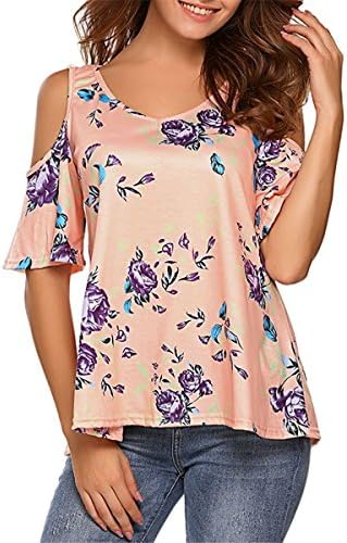 Surbepo Women's Casual Floral Print Cold Shoulder T-Shirt Flowy Swing Tops