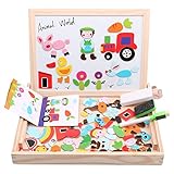 Wooden Magnetic Jigsaw Puzzles Toy, DIWENHOUSE Toddler Toys Educational Travel Puzzle Games Double Sided Drawing Easel for Boys and Girls (Animal World)