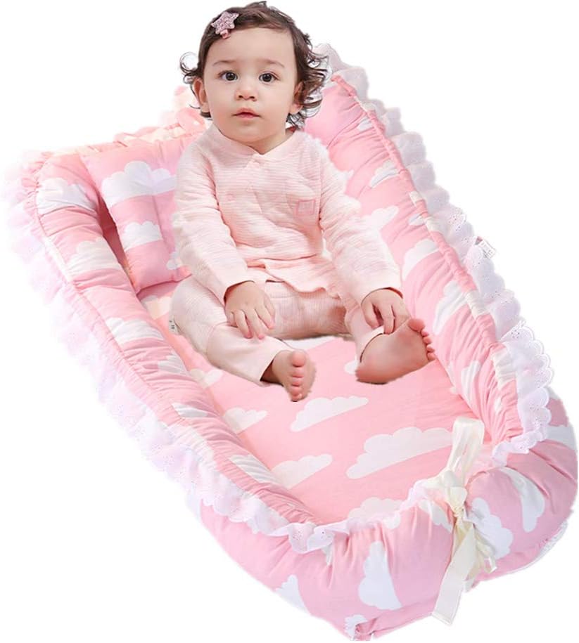 Abreeze Ruffled Baby Bassinet for Bed -Deep Pink Lounger - Breathable Baby Nest Sleeper Co-Sleeping Baby Bed - 100% Cotton Portable Crib for Bedroom/Travel