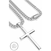 FUTURESHAN Solid 925 Sterling Silver Cross Necklace for Men ＆ Upgraded Box Clasp 316L Stainless Steel Cuban Link Chain Mens 5MM Width Crucifix Jewelry Beveled Edge Cross Pendant 18-26 Inches