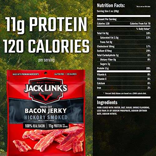 JACK LINK’S BACON JERKY, HICKORY SMOKED – FLAVORFUL READY TO EAT MEAT SNACK WITH 11G OF PROTEIN PER SERVING, MADE WITH 100% THICK CUT REAL BACON, PROTEIN SNACK, KETO FRIENDLY, 2.5 OZ.