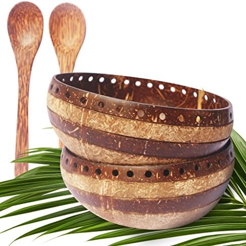 VIBE Coconut Smoothie Bowl and Spoon Set (x2) Mix and Match - 8 Designs, Hand-Carved and Sustainably Produced By Top Coconut Bowl Artisan - Premium, Vegan, Buddha Bowls (Amara)