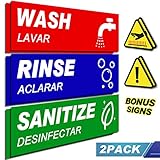 2 Pack Wash Rinse Sanitize Sink Labels With Bonus Warning Sticker, Perfect Sticker Signs for 3 Commercial Stainless Steel Sink, Restaurants, Commercial Kitchens, Food Trucks, Dishwashing.