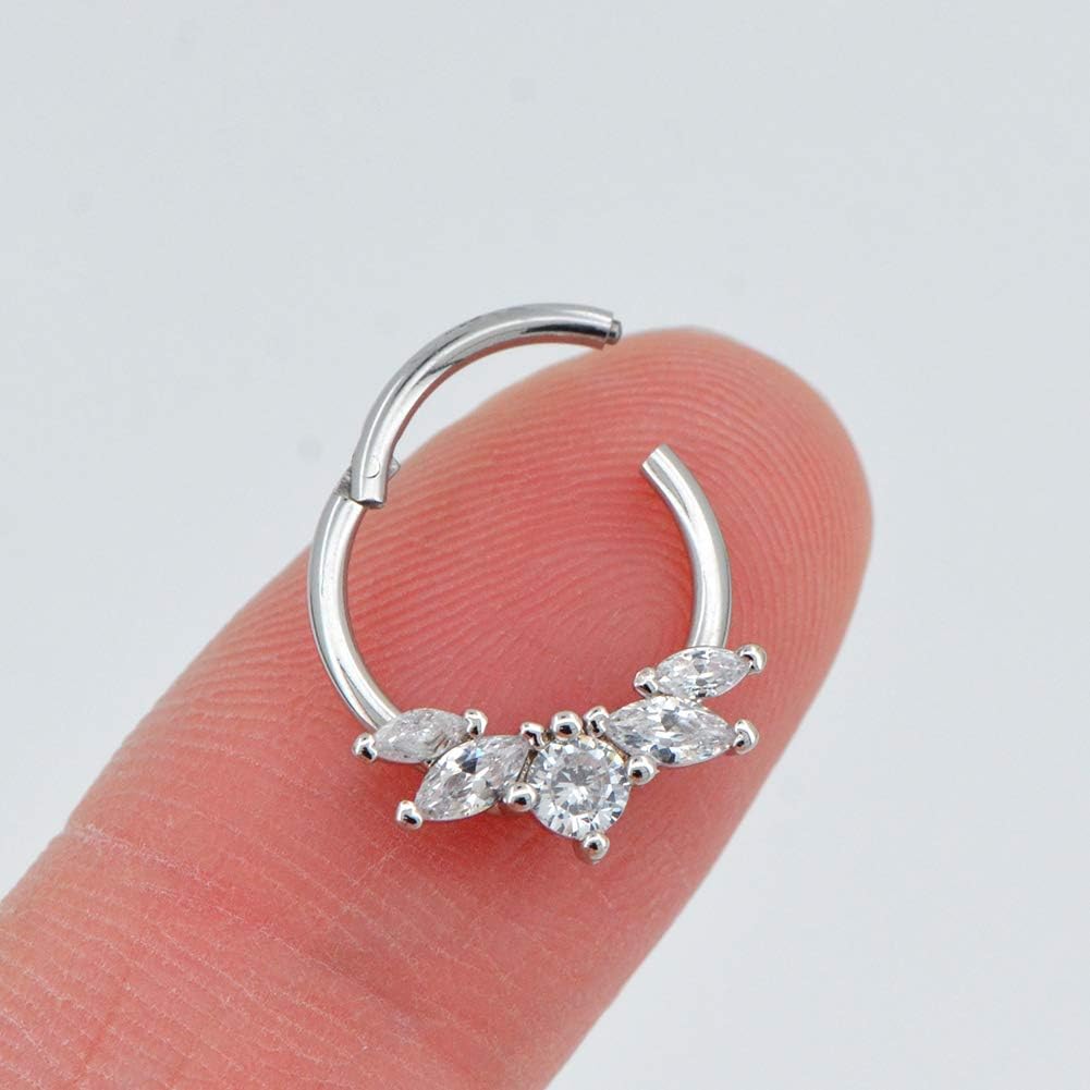 OUFER 16G Crown Daith Piercing Jewellery Helix Hoop Earrings Conch Surgical Steel Hinged Segment Clicker Cartilage Tragus Septum Nose Clear Oval CZ Gem 1.2mm 8mm - Image 5