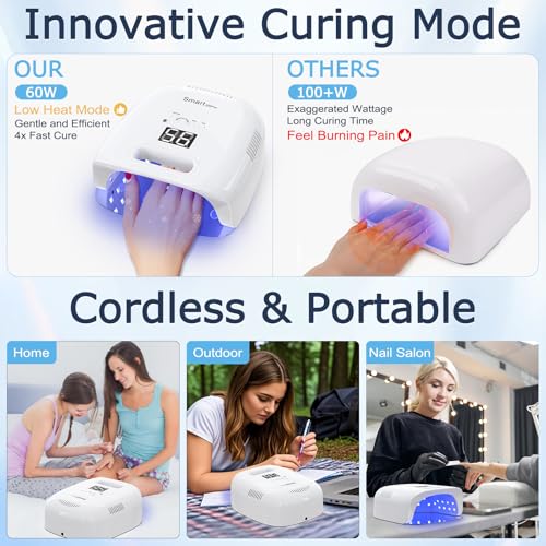 Cordless Rechargeable UV Nail Lamp, 60W Professional UV Light for Gel Nails with Metal Base, Portable Wireless LED Nail Dryer Fast Charger Curing Lamp 3 Timers for Salon or Home