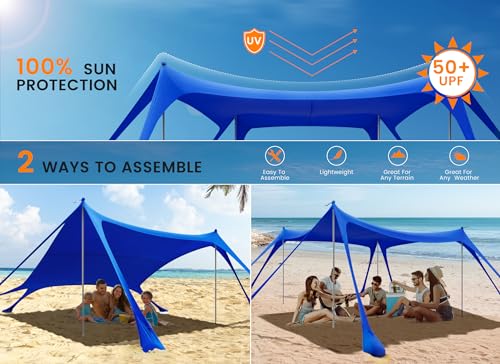 Carpa Playa Tienda de campaña UPF50+, Playa Familiar Plegable Toldo Playa Carpas con 4 Bastones, Pala, Clavijas y Bolsa de Transporte para Camping, Pesca, 3X 3X 2M (Navy Blue)