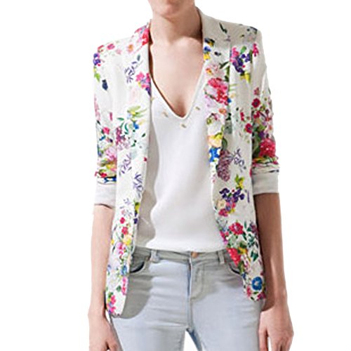 FINEJO Women Fit Casual Floral Vintage Flower Print Slim Button Blazer Coat Jacket