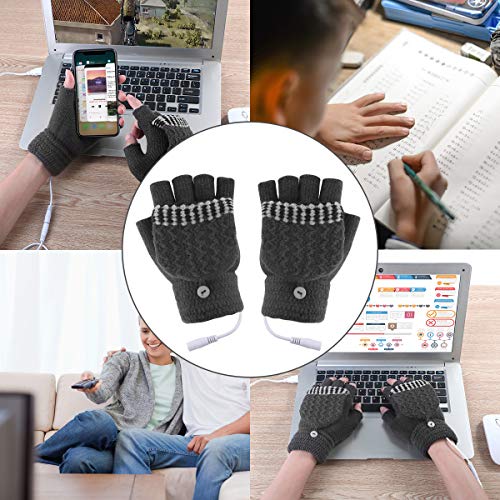 Unisex Women's & Men's USB Heated Gloves Mitten Winter Hands Warm Laptop Gloves,Yinuoday Full & Half Heated Fingerless Heating Knitting Hands Warmer Washable Design (Men Grey) - Thumbnail 6