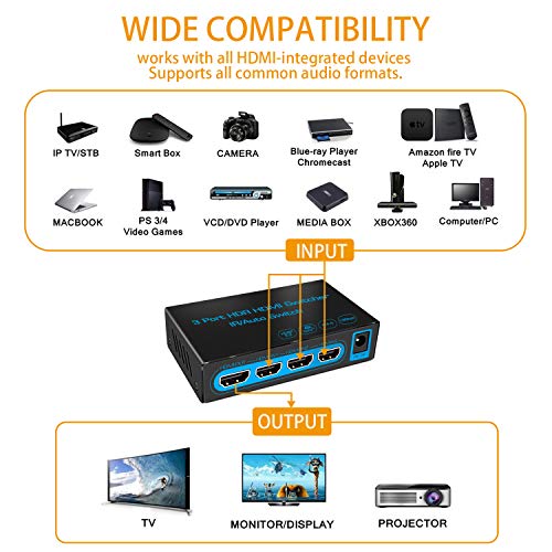 4K@60Hz HDMI Switch FiveHome 3 in 1 Out HDMI Switcher with IR Remote Support Auto Switch HDR HDCP 2.2 Dolby Vision1080P 3D
