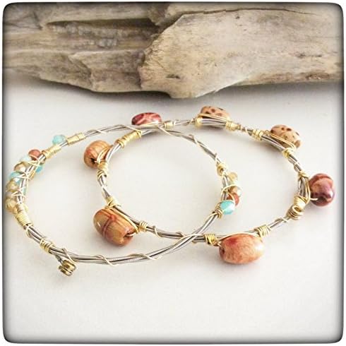 Musically Inspired Wire Wrapped Guitar String Bangle Bracelet Set - Czech Crystal - Wood - Collectable - Stackable - Vegan - Eco Friendly - Ready to ship