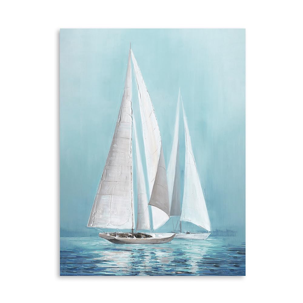 Blue Sailing Boat Canvas Wall Art - Ocean Sailboat Picture Modern Coastal Painting Small Framed Nautical Poster Print for Living Room Bedroom Bathroom Home Office Seascape Wall Decor 30x40 Cm
