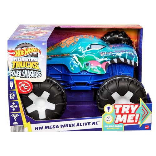 Hot Wheels Monster Trucks Remote Control Car, 1:15 Scale Mega-Wrex Alive Battery-Powered RC Vehicle with Lights & Sounds, JBD90