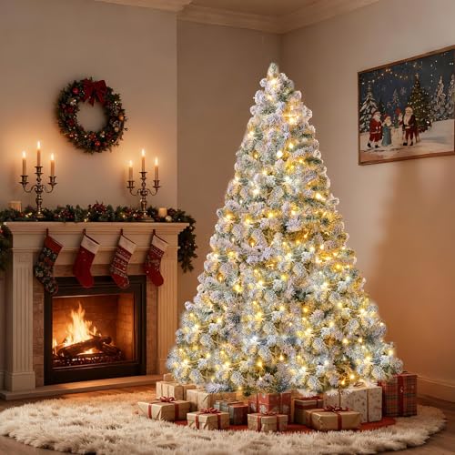 Christmas Tree, 6Ft/1.8M Artificial Christmas Trees with Lights, Snow Flocked Xmas Tree with Foldable Stand Hinged for Home Indoor Decor