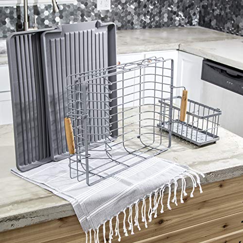 Dish Drying Rack with Wooden Handles (16.5 x 12.5 x 5 Inches) Includes Removable Utensil Tray, 1 Drain Board, 1 Drip Tray - Large Dish Drainers for Kitchen Counter