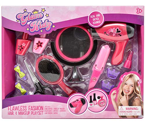 Pretend Play Beauty Set, Stylist Salon Playset Kit for Kids Toy Accessories Includes Hair Dryer, Makeup Mirror, Flat Iron, Lipstick, Scissors, Hair Brush, Nail Polish and Hair Clips