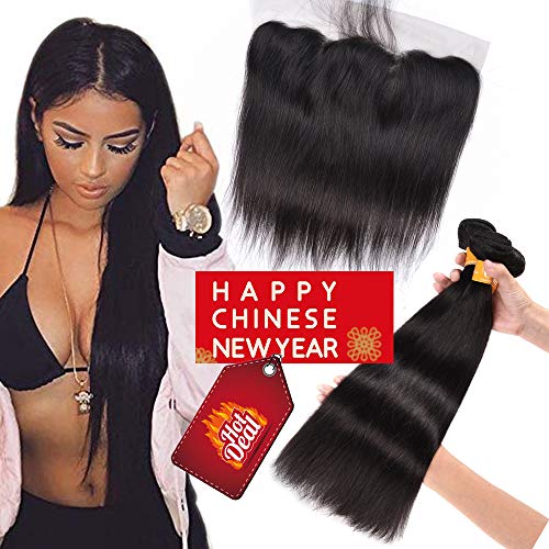 Straight Bundles 100% Unprocessed Malaysian Virgin Human Hair Weave Weft Extensions 3 Bundles 22 24 26 with 20 Frontal Closure 13×4 Ear To Ear Lace Frontal Closure Natural Black Color