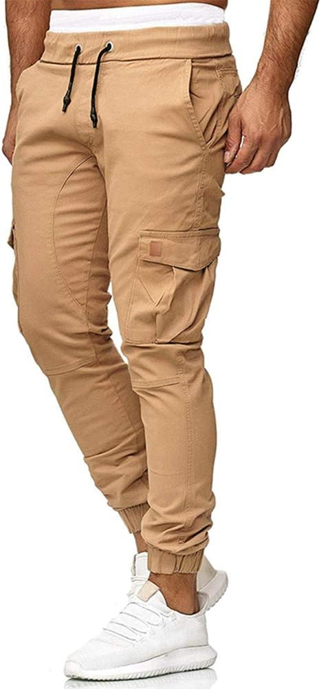 IsFashion Jogger Cargo Pants for Men, Combat Drawstring Chino Trousers with Multi Pockets