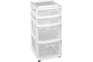 HOMZ Drawer Tower, 4-Tier Clear Plastic Storage Organizer Cart, White Frame – Rolling Containers with Wheels for Bathroom, Bedroom, Office, and Classroom Organization