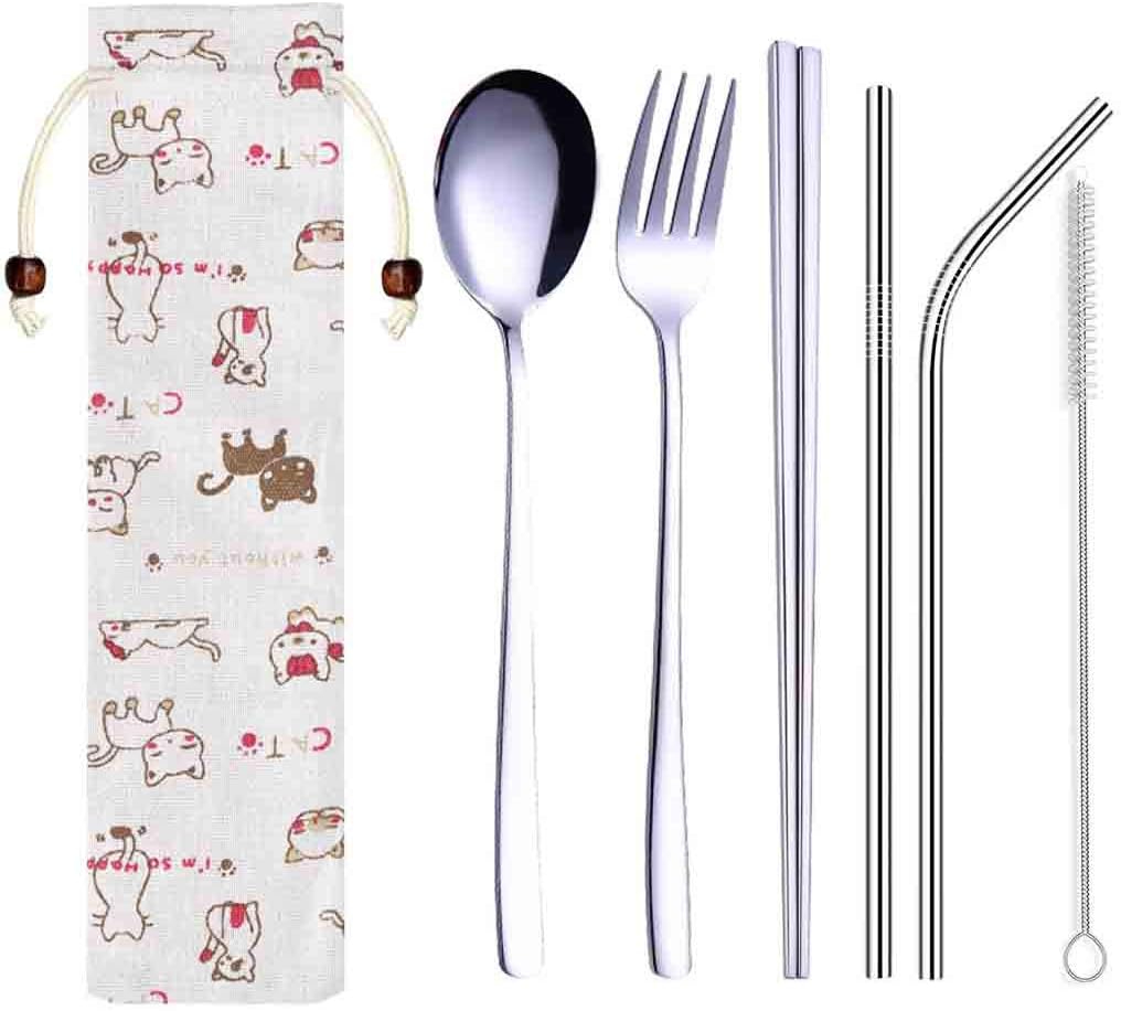 Holywin 6 Pcs Camping Cutlery Set,Stainless Steel Dinnerware Set Metal Straw Spoon Fork Chopsticks Tableware for BBQ Outdoor Picnic Dinner Work Lunchbox 6 Pcs
