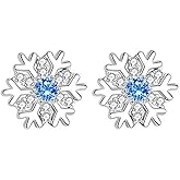 Romantic Blue Diamond Snowflake Small Stud Silver Plated Christmas Earrings for Women Sparkly CZ Dainty Winter Flower Cartilage Studs Fashion Earring Xmas Party Holiday Festival Jewelry Gift for Her