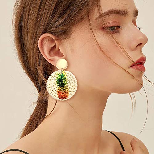 CEALXHENY Rattan Earrings Straw Wicker Braid Earrings Tropical Fruit Print Drop Dangle Earrings Handmade Statement Earrings for Women Girls (Pineapple)