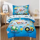 NTBED 4 Pieces Construction Truck Toddler Bedding Set for Baby Boys, Cartoon Vehicles Excavator Cars Printed, Includes Comforter, Flat Sheet, Fitted Sheet and Pillowcase,Sky Blue