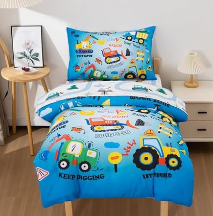 NTBED 4 Pieces Construction Truck Toddler Bedding Set for Baby Boys, Cartoon Vehicles Excavator Cars Printed, Includes Comforter, Flat Sheet, Fitted Sheet and Pillowcase,Sky Blue Image