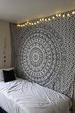 Marubhumi Indian Elephant Mandala Indian Traditional Hippie Cotton Tapestry, Black and White, 85 x 90 Inches