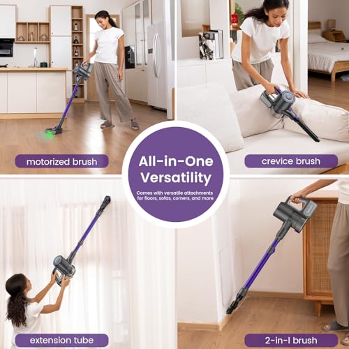 Suirviz Cordless Vacuum Cleaner, 40KPA/500W/35Mins, Powerful Suction with Green LED Dust Detection, Stick Vacuum Self-Standing, Lightweight Handheld Vacuum for Pet Hair, Carpet & Hard Floor, Purple