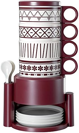 Motoraux Melamine Stackable Espresso Coffee Cups and Saucers Set of 4 with Stand, Tea/Milk Mugs Set with Matching Saucers, Spoons, Top Lid and Rack(14 Pieces Total) , (Leisure Time)