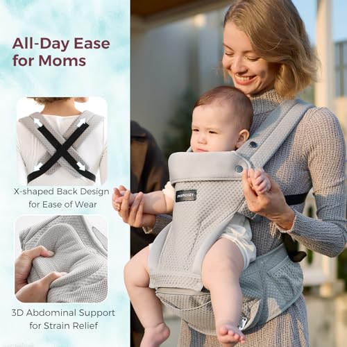 Momcozy Baby Carrier with Hip Seat,Ergonomic Support for Newborn to Toddler (0-36 Months), Hands-Free for Travel, Shopping & Daily Use,Lightweight & Adjustable,Grey