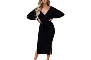 Viottiset Women's V Neck Long Batwing Sleeve Wrap Midi Knit Sweater Dress Elegant Backless with Belt Slit