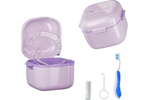POZLLE Denture Cup Bath，Portable Denture Case with Strainer Basket，braces False Teeth Storage Box Holder，Retainer case Cleaning，Soak Cup，With braces chewable tablets and Extractor（purple）…