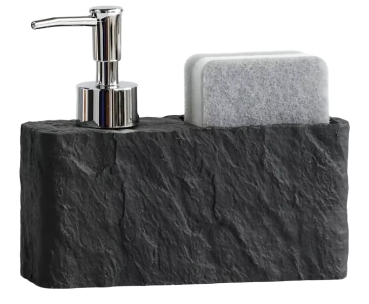Premium ResinStone Kitchen/Bath Soap Dispenser, Elegant Hand Wash, Washing Up Liquid, Dish Soap and Sponge Caddy, 2 in 1 Organizer for Kitchen Sink (Black stone)