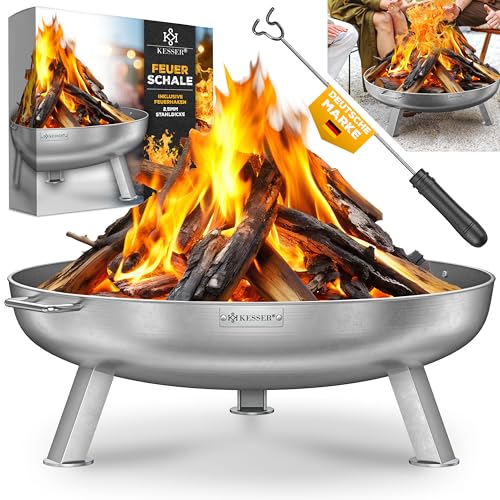 KESSER® Feuerschale 2,5mm Stahldicke | Feuerkorb Ø70cm Edelstahl | Feuertonne +42cm Feuerhaken Gusseisen Wasserablauf & 2 stabile Griffe Holz & Kohle 